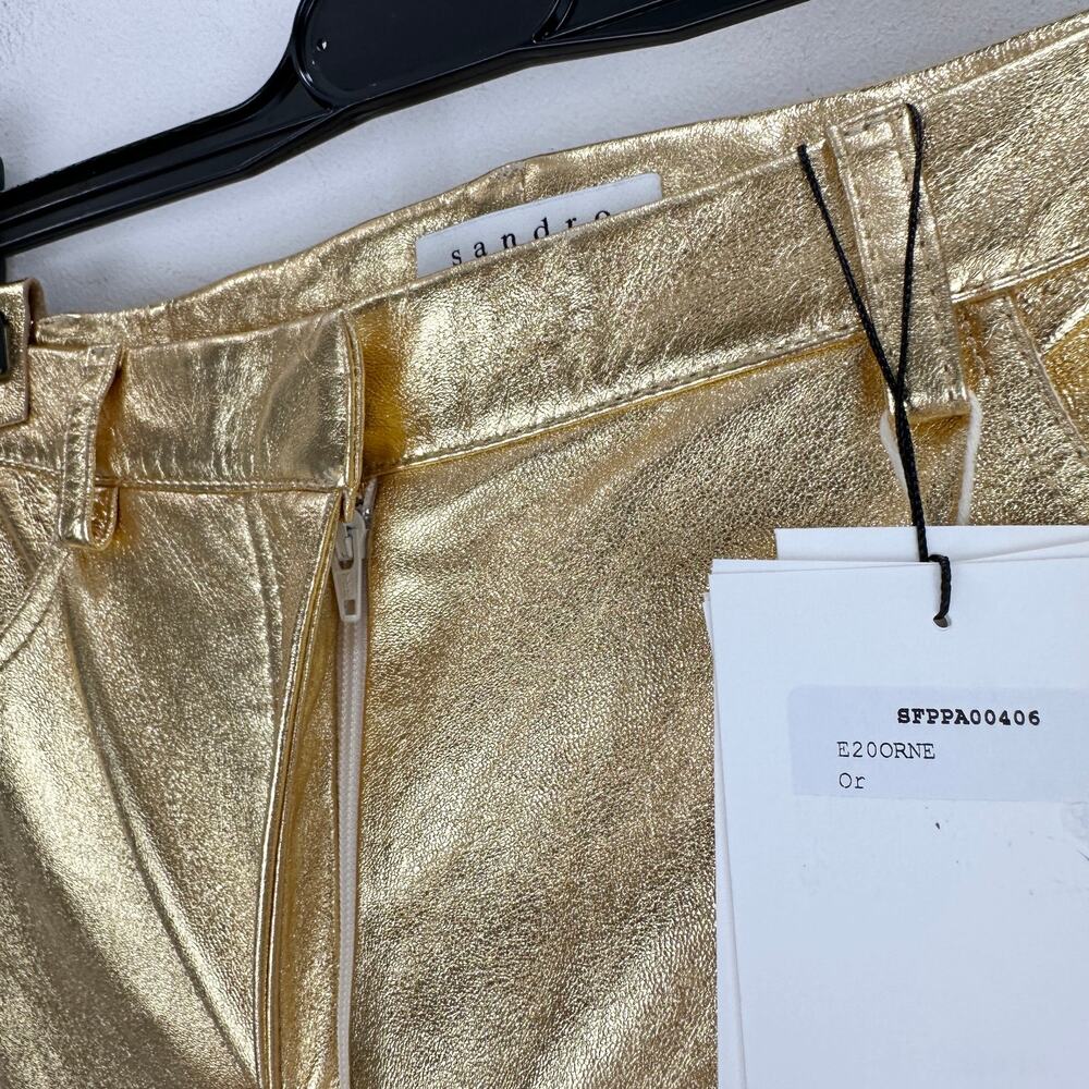 Sandro Metallic Lambskin Leather Kick Flare Pants Gold Ankle Crop FR 36 US 4 NWT - Picture 10 of 16